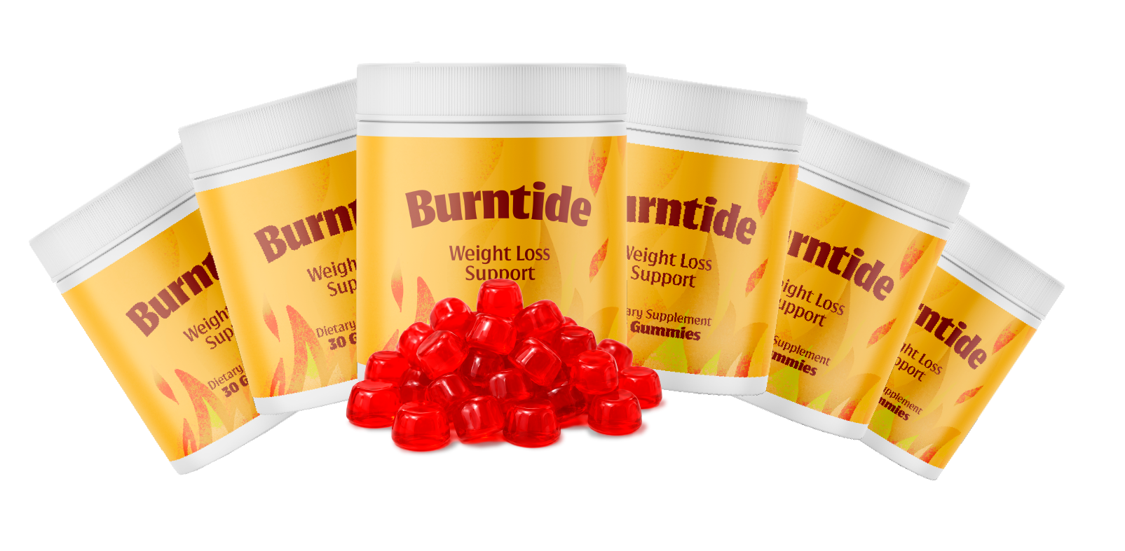 Six bottles of Burntide weight loss support gummies with loose red gummies in front