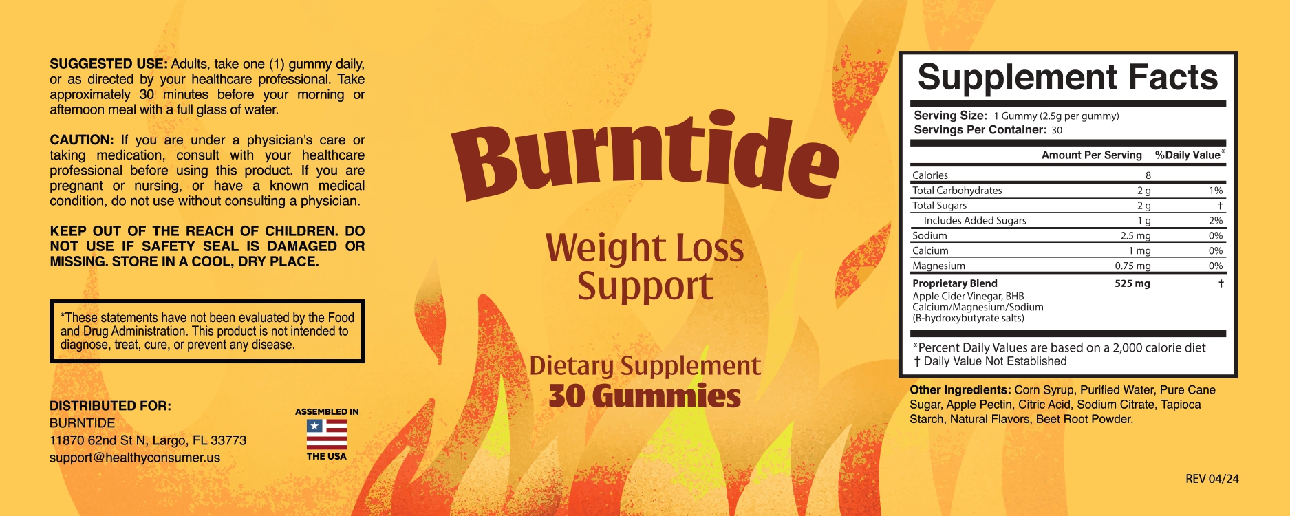 Burntide supplement facts label showing serving size, proprietary blend of Apple Cider Vinegar and BHB salts, and other ingredients