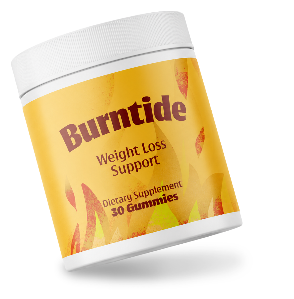 Burntide dietary supplement jar tilted, showing orange flame label and white cap
